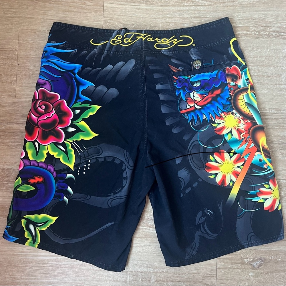 Vintage Ed Hardy Surf or Die Swim Trunks, Size 36